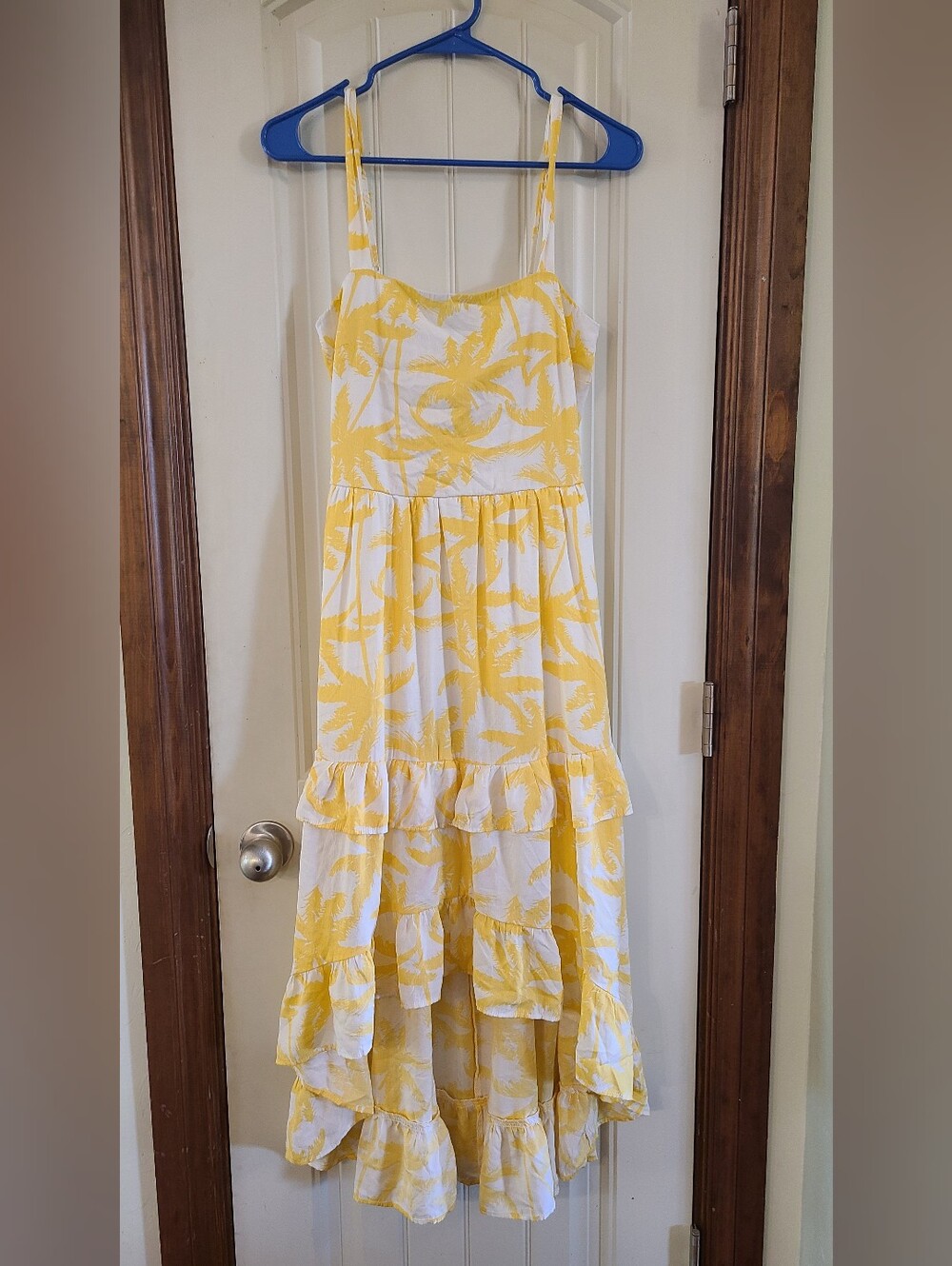 Trixxi Yellow and White Palm-Print Tiered Sundress Size S